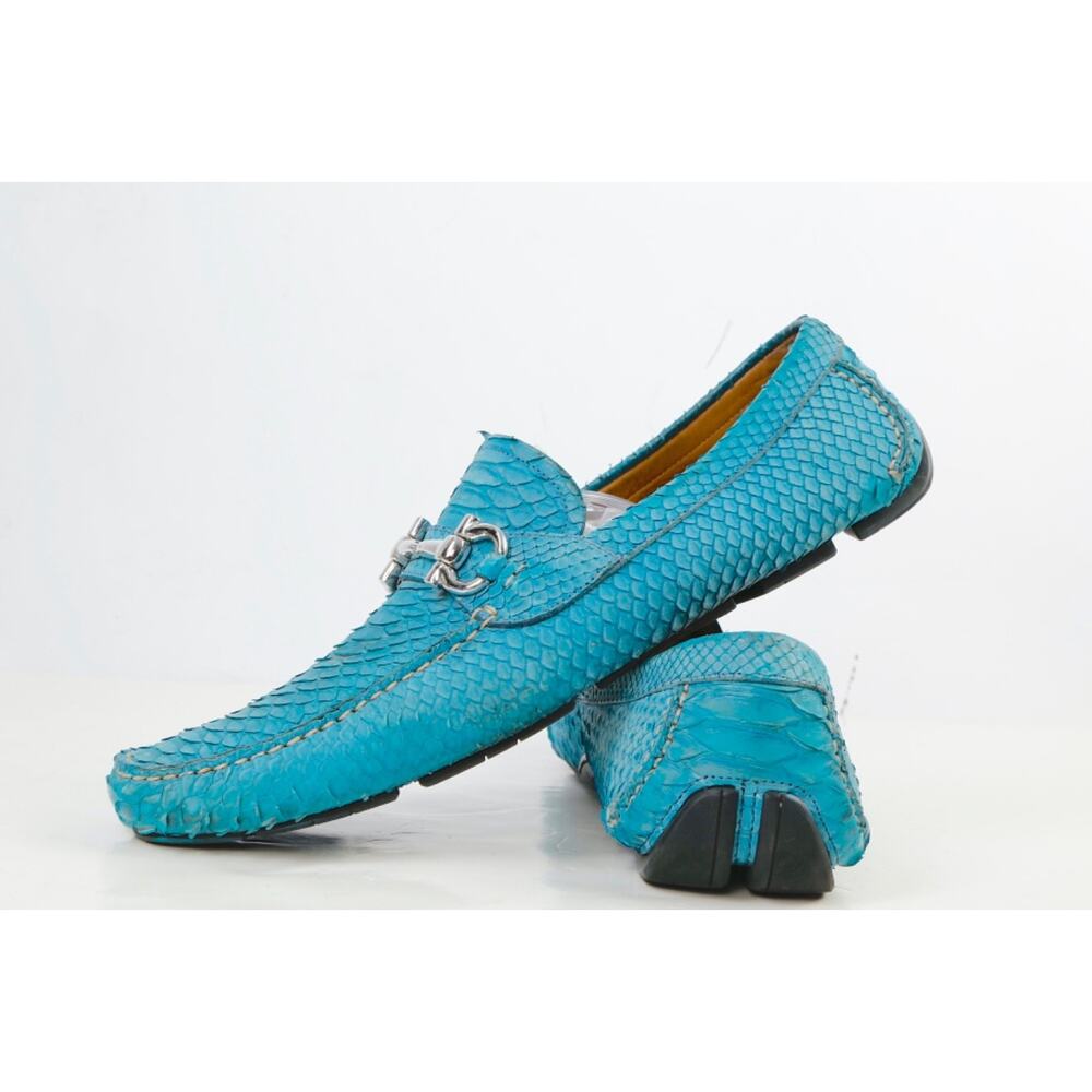 Salvatore Ferragamo Loafers 13 D Blue Python Snakeskin Gancini Bit Driving Shoes - Picture 3 of 16